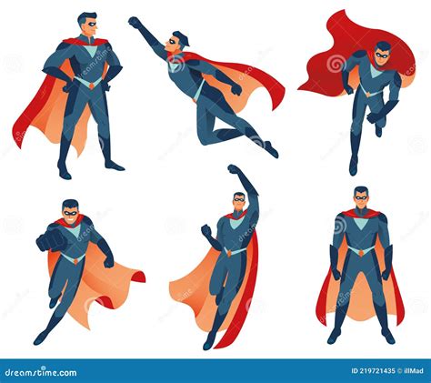 Superhero Actions Icon Set in Cartoon Colored Style Different Poses ...