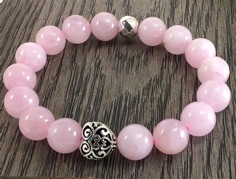 Pink Rose Quartz Beaded Bracelet With Heart Pendant For Women An