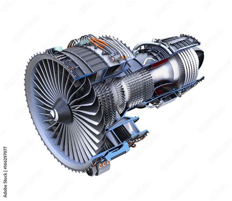 Cross section of turbofan jet engine isolated on white background. 3D rendering image with ...