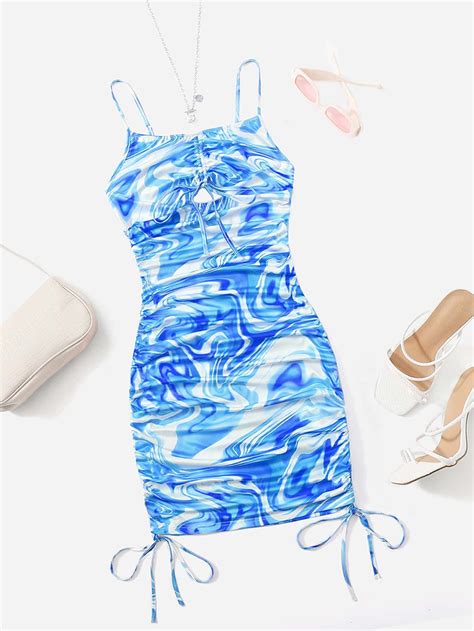 Blue Boho Sleeveless Polyester Marble Bodycon Embellished Slight