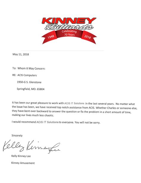 Kinney Amusement Letter Of Reference Acis It Solutions Managed Service Provider Springfield Mo