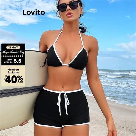 Lovito Women Casual Bikini Sets Plain Contrast Binding Lace Up Bikini Sets LNL77386 Shopee