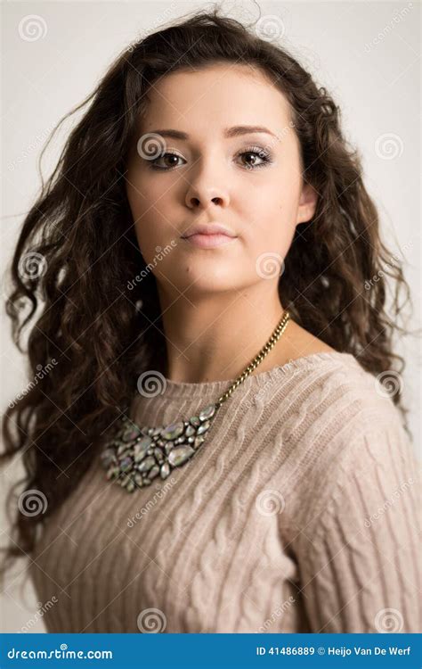 Beautiful Brunette Woman With Curls Stock Image Image Of Bright Grey