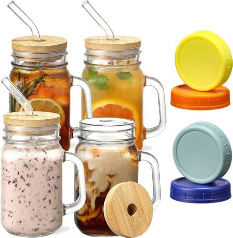 Mason Jars With Handle Glass Mugs With Straws And Bamboo Lids And Colorful Airtight