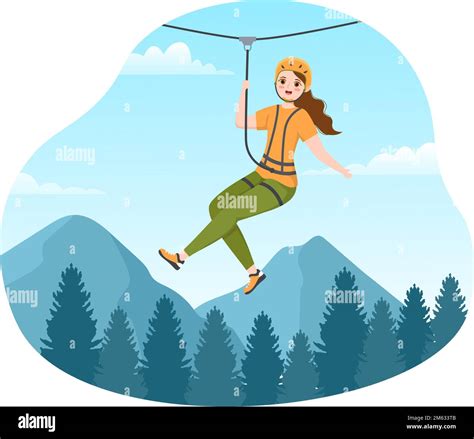 Zip Line Illustration With Visitors Walking On An Obstacle Course And