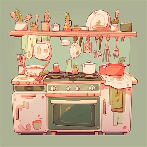 Un Dibujo De Una Cocina Con Estufa Y Ollas Y Sartenes Colgando Del