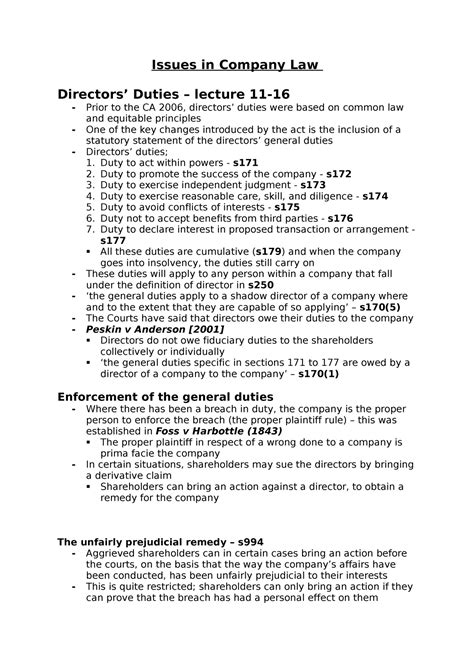 Directors Duties Lecture 11 16 Issues In Company Law Directors Duties Lecture 11 Prior