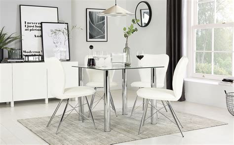 Nova Square Chrome And Glass Dining Table With 4 Lucca White Chairs Furniture Choice