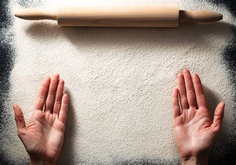 Female Hands And Rolling Pin Flat Lay Bread Making Concept Stock