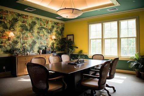 Premium AI Image | A conference room with a green and yellow wallpaper