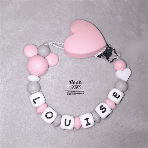 Attache T Tine Personnalis E Silicone Mickey Rose Et Gris F E Des B B S