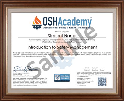 Sample Oshacademy 700 Introduction To Safety Management Course Certificate