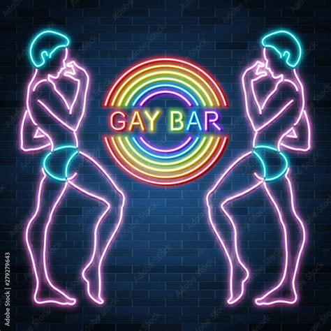 Gay Bar Neon Banner Sexy Guy Figure Man Silhouette Nightclub Rainbow Vector Illustration