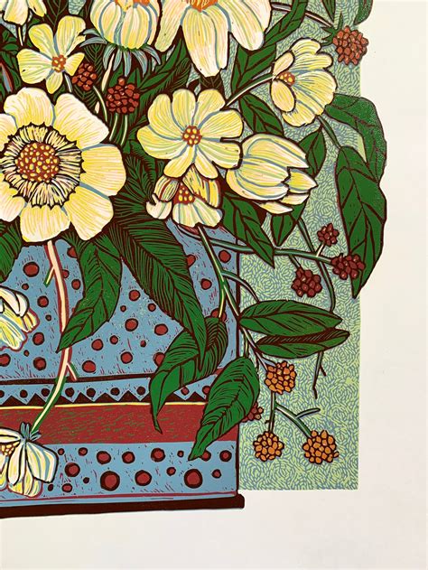 Floral Linocut Print Original Linoprint Etsy