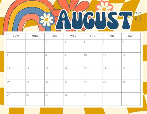 Printable August 2023 Calendar Retro Aesthetic Back To School 70s Daisy Wall Calendar Etsy