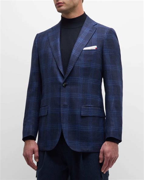 Kiton Plaid Silk Blend Sport Coat Navy Editorialist