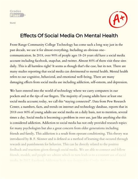 Effects Of Social Media On Mental Health Essay Example 1021 Words