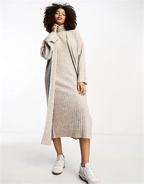 Asos Design Co Ord Knitted Sleeveless Midi Dress And Cardigan In Stone Asos