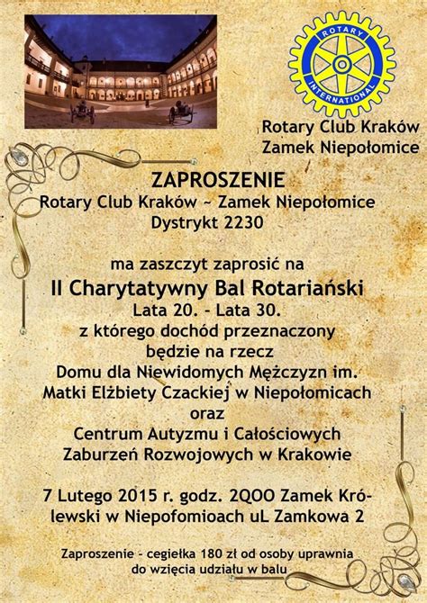 Zaproszenie Na Ii Charytatywny Bal Rotaria Ski Klub Rotary Zamek