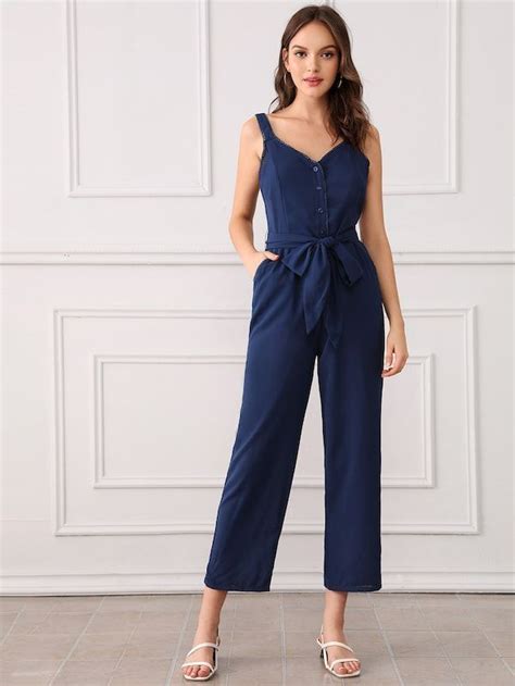 Lace Trim Button Front Belted Palazzo Jumpsuit Shein Kıyafet