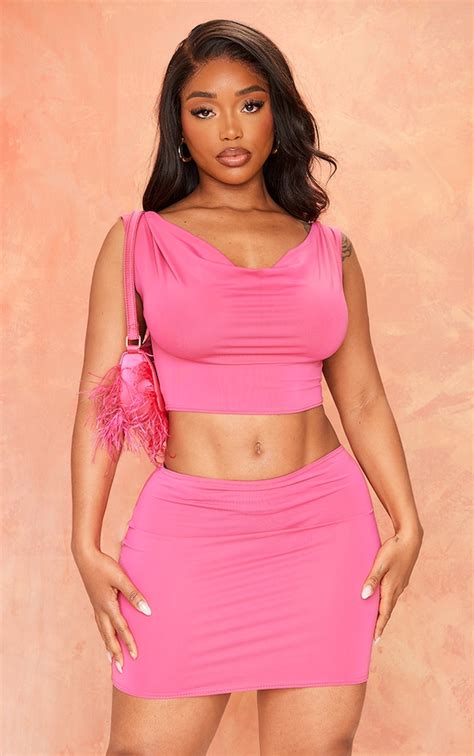 Shape Candy Pink Slinky Cowl Neck Crop Top Shape Prettylittlething