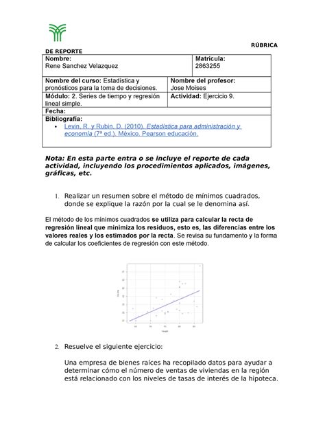 Ejercicio 9 Estadística Y Pronósticos Para La Toma De Decisiones DE