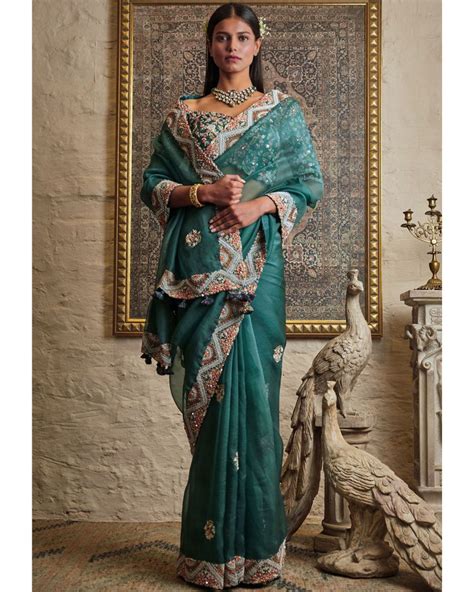 Bottle Green Organza Silk Embroidery Work Saree With Blouse