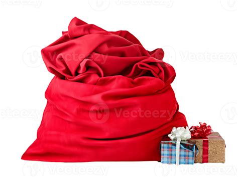 Red Big Santa Christmas Sack With T Boxes Isolated On Transparent