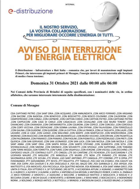 Avviso Di Interruzione Energia Elettrica Domenica 31 Ottobre Dalle Ore