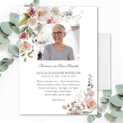 Printable Funeral Memorial Cards With Custom Poem And Photo