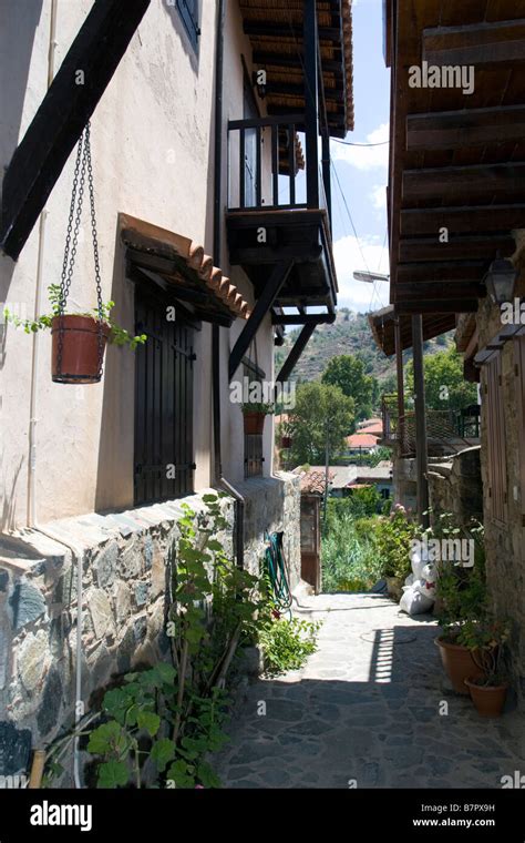 Kakopetria Village View Scene With Coloured Stone House Wall And