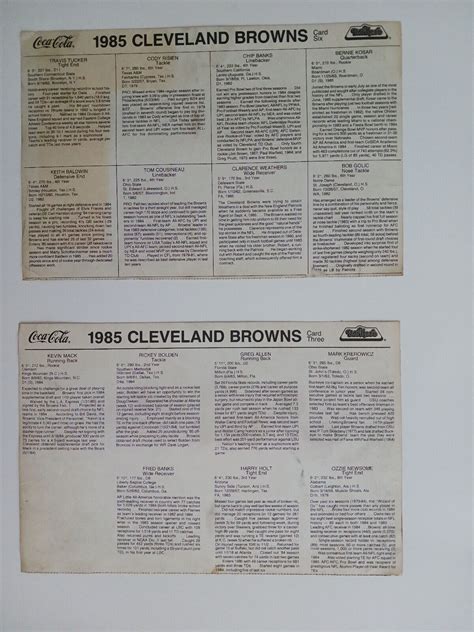 1985 Cleveland Browns Team Cards Mr Hero Coca Cola Card 6 3 Kosar