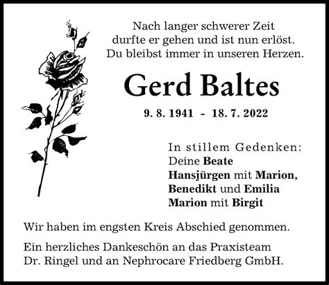 Traueranzeigen Von Gerd Baltes Augsburger Allgemeine Zeitung