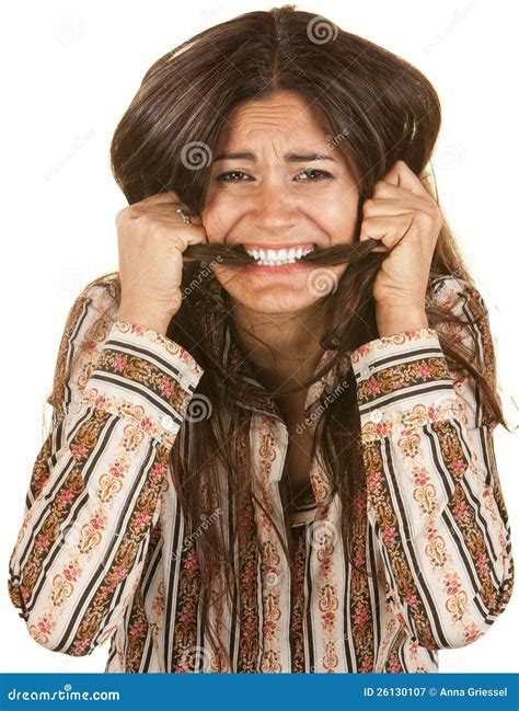 Frantic Woman Biting Her Hair Stock Image Image Of Biting Hispanic 26130107