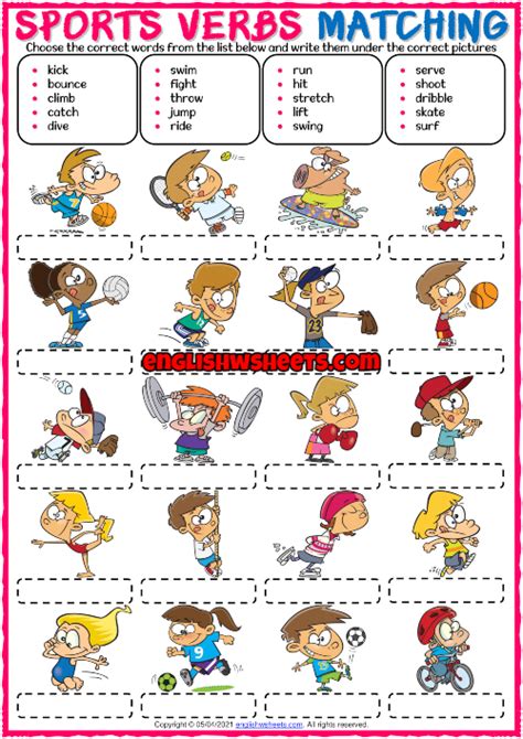 Sports Verbs ESL Printable Matching Exercise Worksheet Vocabulary