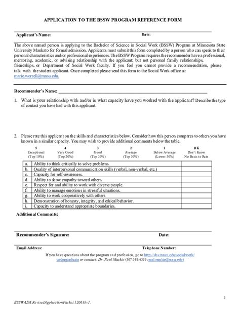 Fillable Online Ahn Mnsu Application To The Bssw Program Reference Form