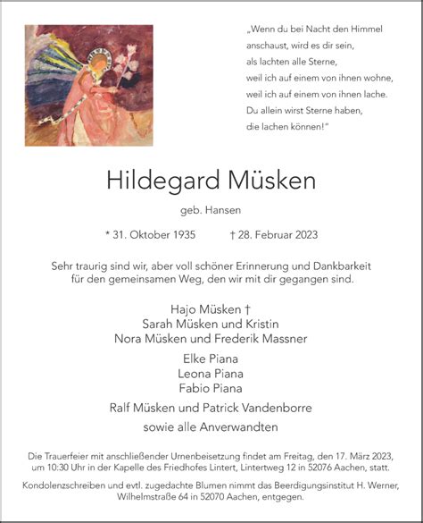 Traueranzeigen von Hildegard Müsken Aachen gedenkt