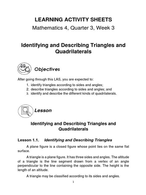 Math4 Q3 M3 Identifying And Describing Triangles And Quadrilaterals Pdf Triangle