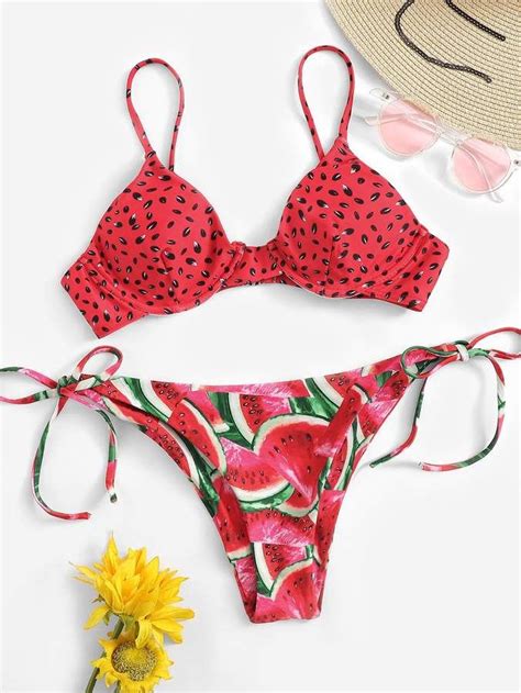 Sheinshein Random Watermelon Underwire Top With Tie Side Bikini