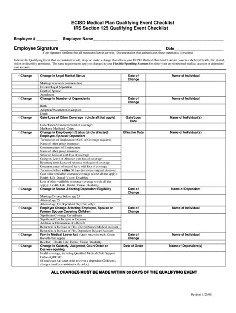 Fillable Online Section 125 Qualifying Events Checklist And Change Form