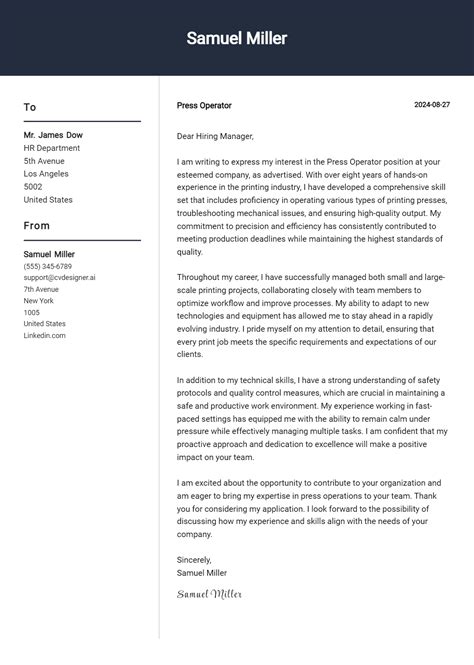 Press Operator Cover Letter Example For 2024 Tips And Templates Cvdesigner Ai