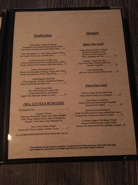 Menu At Sea Levels Restaurant Brightwaters