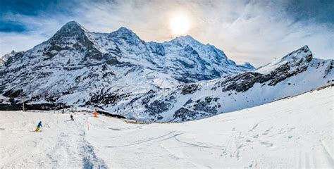 Ski Slopes And Mountains In Jungfrau Ski Resort In Swiss Alps