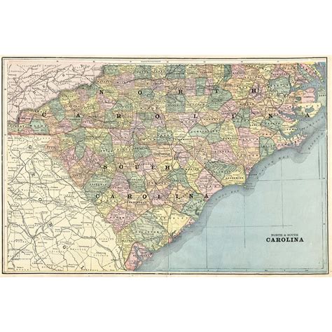 North & South Carolina Wall Map, 1894 - The Map Shop