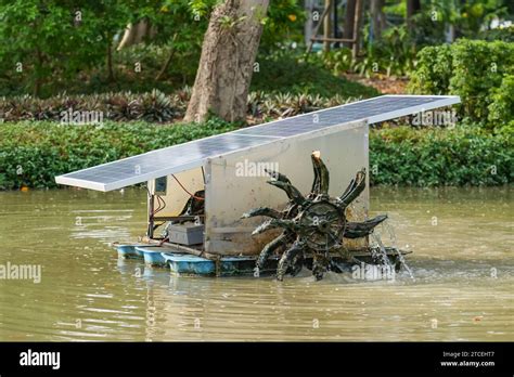 Solar Cell Panel Paddle Wheel Aerator In City Park Pond Stock Photo Alamy