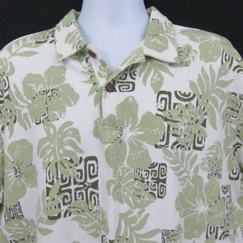 Crazy Shirts Hawaiian Polo Shirt Floral Tapa Mens L Green Brown