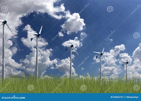 Wind Turbines And Green Grass On Blue Sky Background Stock Illustration Illustration Of