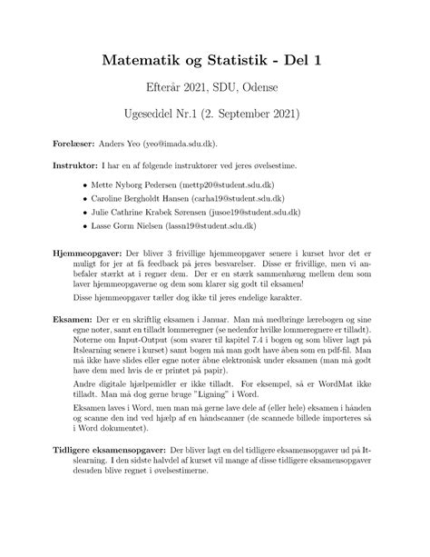 Ugeseddel 1 Øvelsesmateriale Matematik og Statistik Del 1 Efter