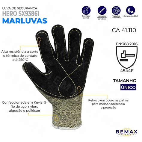 Luva Em Kevlar Palma Em Couro Proteção Anti Corte Hero Sx93861