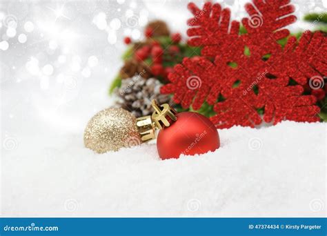 Christmas baubles in snow stock photo. Image of christmas - 47374434